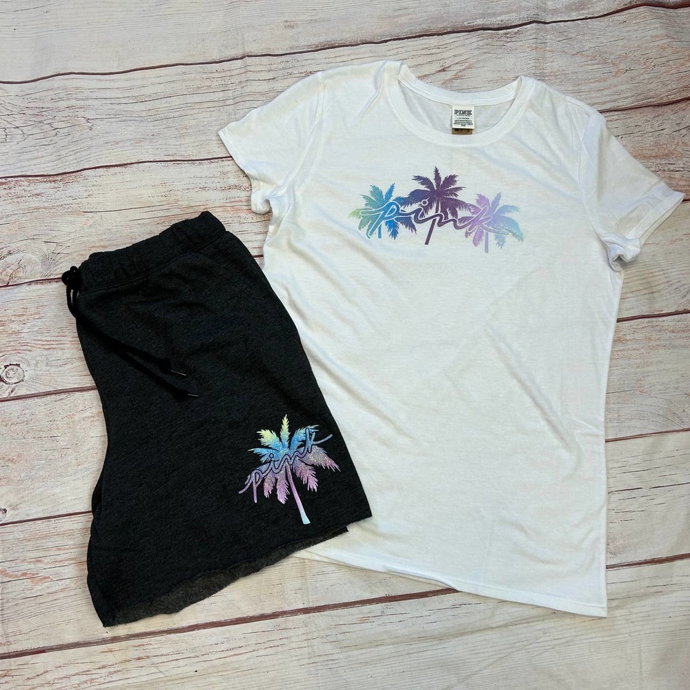 VS PINK Glittery Palms Set Dad Shorts & Everyday Tee L